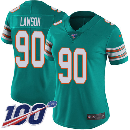 Nike Miami Dolphins #90 Shaq Lawson Aqua Green Alternate Women Stitched NFL 100th Season Vapor Untouchable Limited Jersey